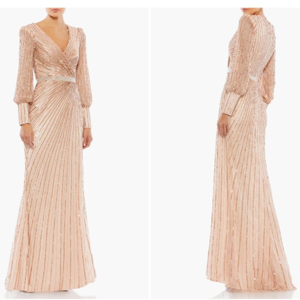 MAC DUGGAL 5501 SEQUINED WRAPOVER BISHOP SLEEVE COPPER GOWN sz 8